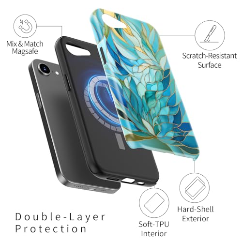 Image of Goodon for iPhone 16e Case Cute - Wireless Charging Compatible - Dual-Layer Hard Shell + Silicone Cover - Protective Phone Case with Trendy Designs for Women - Blue Leaves Flower