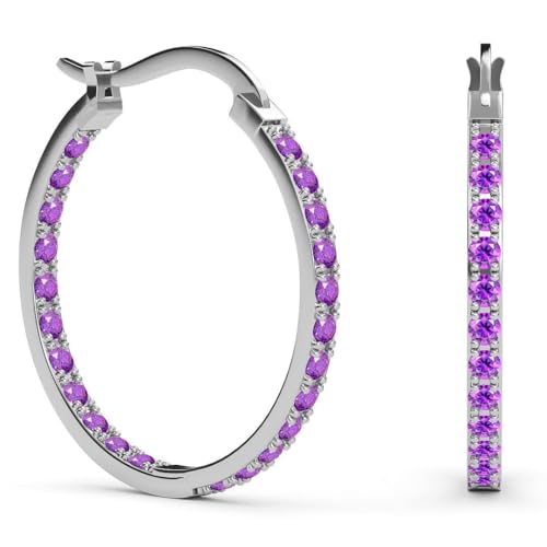 925 Sterling Silver Hoop Earrings for Women - Purple Cubic Zirconia CZ Inside Out Jewelry Rhodium Plated Cute - Anniversary Engagement Wedding Unique Birthday Christmas Gifts for Her