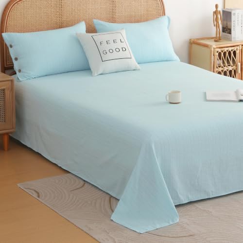Image of Story@Home Linen King Size Bedsheet Cotton Textured Flat Sheet with 2 Pillow Covers Super Soft Bed Sheet for King Size Bed | 300 TC Striped Pattern | 250 x 270 cm | Sky Blue