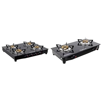 Lifelong Glass Top Gas Stove, 4 Burner Gas Stove, Black (ISI Certified,1 year warranty with Doorstep Service) & Lifelong LLGS09 Glass Top, 2 Burner Gas Stove