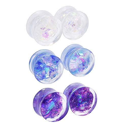 JIAPEIJIA 6Pcs Color Sequin Acrylic Ear Tunnel Piercings and Gauge Double Flared Plug 2g-1'' (00g(10mm))