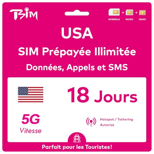Carte SIM USA 18 jours T-Mobile avec internet illimité 5G et appels locaux