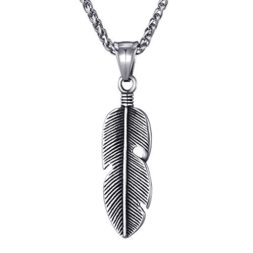 Moolee Mens Feather Pendant Necklace with Stainless Steel Link Chain