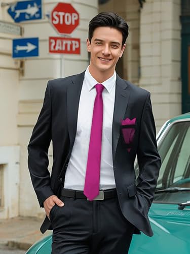 Image of Mantieqingway Black Tie Sets for Men Classic Solid Color Tie Handkerchief Pocket Square Holder Formal Graduation Wedding