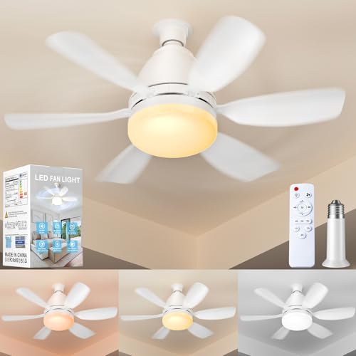 Zyxrona Socket Fan Light with Remote 20 30W Dimmable LED 3 Colors 3000K-6500K 6 Speed Wind Small Ceiling Fan with Light Screw in Light Bulb Fan for Bedroom Kitchen Living Room Closet