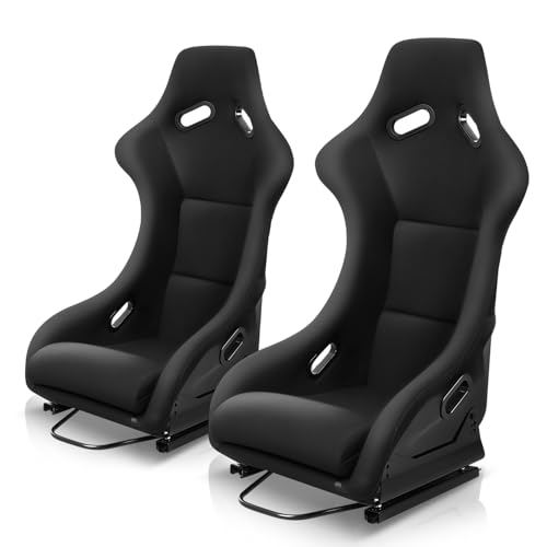 Auto Dynasty Pair of Racing Seats Universal Fabric Fiexed Position Style Bucket Seat With Adjustable Sliders, 22" W X 22" D X 32.5" H, Driver and Passenger Side, Black