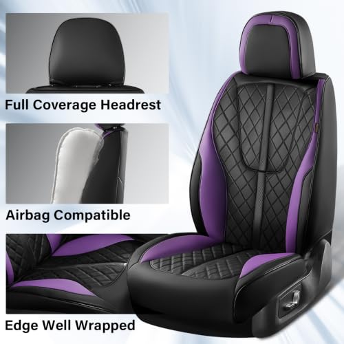 Image of Coverado Front Seat Covers, Luxury Diamond-Pattern Leather Car Seat Cover & Carbon Fiber Lines, Black and Purple Seat Covers, Waterproof Car Seat Protectors, Seat Cover Universal Fit for Most Cars