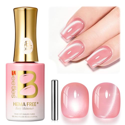 Image of Beetles Rosy Shimmer Pink Cat Eye Gel Nail Polish - 15ML Full Size Glass Pink Glitter Cat Eye Spring Gel Polish Magnetic Shimmer Effect Soak Off UV Nail Art Design Salon DIY Manicure Gift for Women
