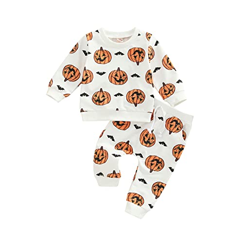Image of wybzd Toddler Baby Boy Halloween Outfits Cute Pumpkin Sweatshirt Top and Pant Set Infant Long Sleeve Clothes