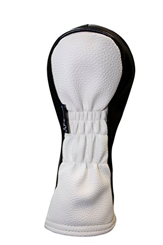 Majek Golf Headcover Black and White Leather Style #5 Fairway Head Cover Fits Fairway Wood Clubs