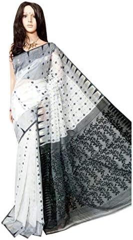 Black & White Self Dhaka Jamdani Soft Finish Floral Behula Wedding Saree Indian Formal Sari Handmade Bengal Weavers 138