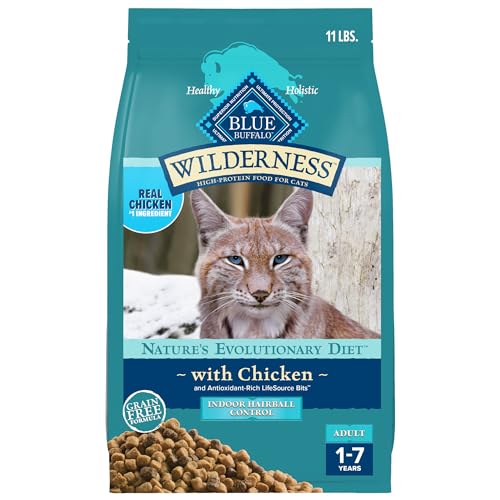 Blue Buffalo Wilderness High-Protein, Grain-Free Natural Dry Food for Adult Cats, Indoor Hairball Control, Chicken, 11-lb. Bag