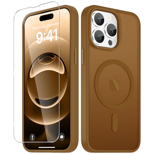 Image of YENAPOON for iPhone 15 Pro Max Case, Matte Magnetic Phone Cover [with 1 Screen Protector] [Support for MagSafe] [Shockproof Military Grade Protection] Translucent Frosted Back, Brown