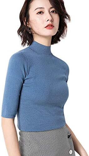Anbenser Women’s Short Sleeve Mock Pullover Sweater Knit Jersey Top Slim Fit (Blue, XS)