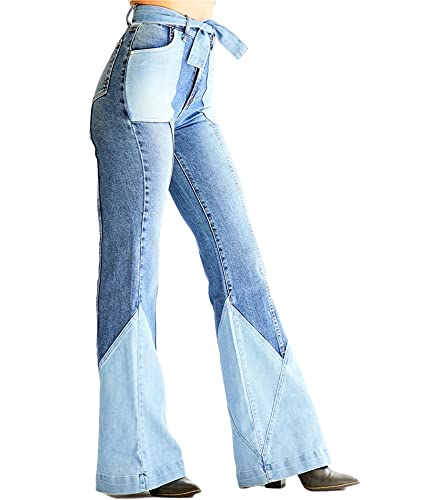 SOMTHRON Women's Patchwork High Waisted Belted Flare Jeans Bell Bottom Color Block Retro Vintage Long Denim Pants