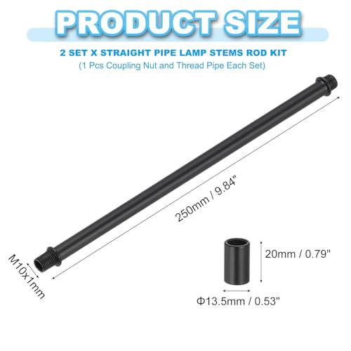 Image of PATIKIL Straight Pipe Lamp Stems Rod Kit, 2 Set M10 Carbon Steel 250mm(9.84 inch) Long Double End Thread Rod with Coupling Nuts Sleeve Connector for Table Lamps Chandeliers,Black