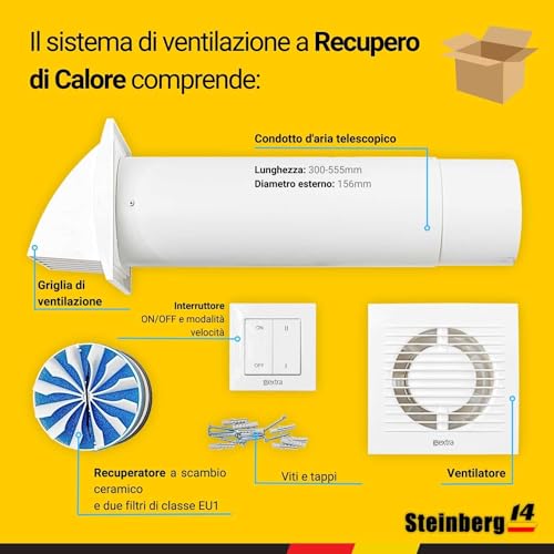 Steinberg14 Unità Di Vmc Decentralizzata 150 Mm - Bianco Recuperatore Di Calore Con Interruttore - Vmc Doppio Flusso Recupero Calore - Scambiatore Aria A Parete - 4