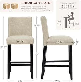 26'' Faux Leather Bar Stools Set of 4, Modern Upholstered Bar Height Bar Chairs, Soild Wood Legs Barstools with Back, Beige