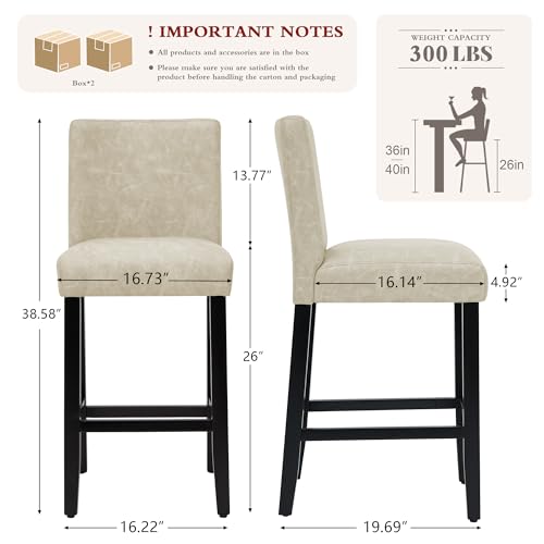 26'' Faux Leather Bar Stools Set of 4, Modern Upholstered Bar Height Bar Chairs, Soild Wood Legs Barstools with Back, Beige