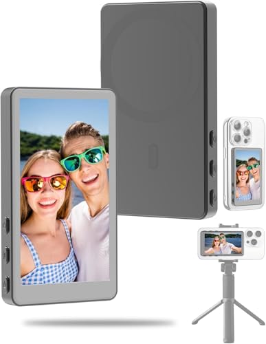 GDJUQZ Selfie Monitor Screen for iPhone Magnetic Phone Vlog Selfie Monitor Screen Wireless Back Camera with Bluetooth Remote Control Speaker for TikTok Front/Rear Cameras Selfie Vlog (Grey)