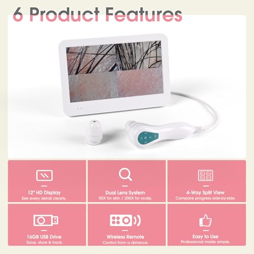 12-Inch Large-Screen Skin & Scalp Analysis Camera with 50X/200X Lenses, 4-Split View & 16GB USB – HD Microscope Visual Tool for Salon, Head Spa, and Home Hair Care