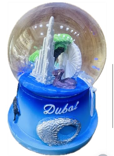 Dubai Skyline Snow Globe, Decorative Glass Dome with Blue Base, Home Decor Collectible
