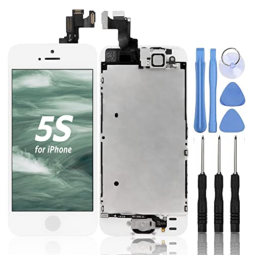 Ayake LCD Screen for iPhone 5s White Full Display Assembly Digitizer Touchscreen Replacement with Front Facing Camera, Speaker and Home Button Pre-Assembled (All Required Tools Included)