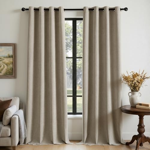 Image of 100% Blackout Curtains for Bedroom, Luxury Chenille Thermal Insulated Drapes for Living Room, Energy Saving Room Darkening 108 Inch Long Curtains, Grommet Top, 2 Panels, 52 inchW x 108 inchL, Khaki