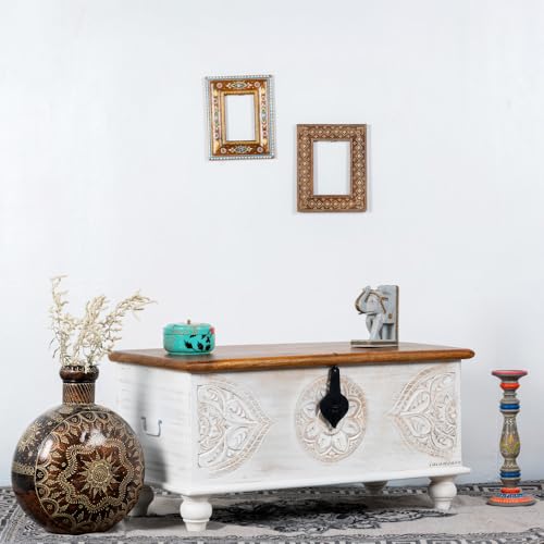 Image of Devin Wooden Trunk Box for Storage | Solid Wood Coffee Table for Living Room | Center Coffee Table with Storage | Front Wooden Carved Sandook Pitara for Home Decor & Bedroom (White Distress)