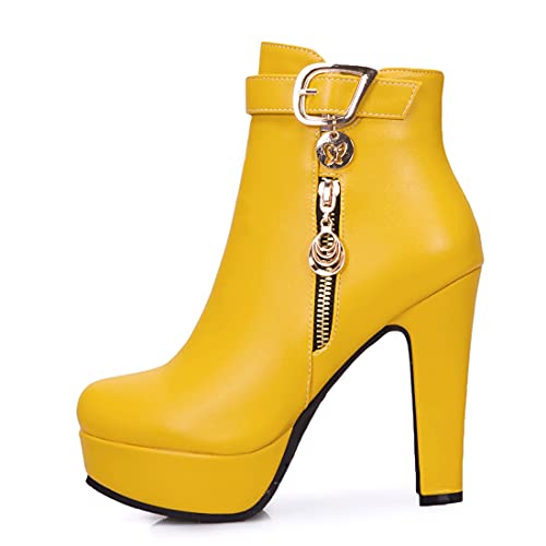 VOKLIN Women's Fashion Buckle Platform Block High Heel Ankle Boots Round Toe Side Zipper Dress Short Booties2