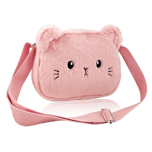 Miunpri Katzen-Schulterriemen für Mädchen, Katzenform Verstellbarer Schultergurt Plüsch-Umhängetasche, niedliche Katzen-Geldbörse für Dating Shopping Wandern für Mädchen (B:Rosa)