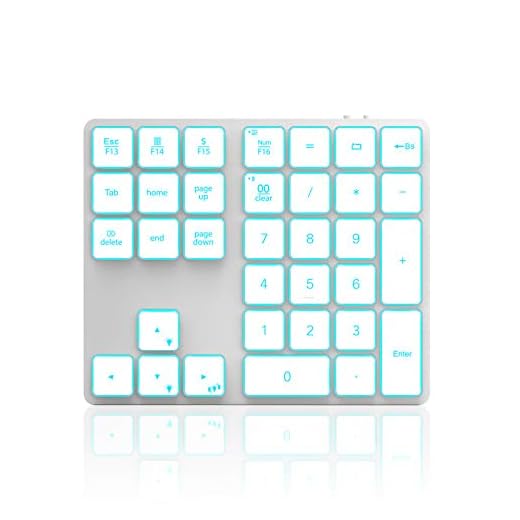 Teclado numérico inalámbrico con retroiluminación Bluetooth, Jelly Peine, teclado numérico recargable con 34 teclas para PC, portátil, MacBook, iMac, Win, Mac OS, blanco y plateado