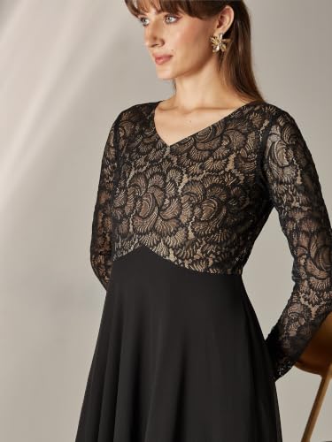 Image of Miss Chase Women's V-Neck Full Sleeve Self Design Lace-Overlaid Georgette Maxi Dress