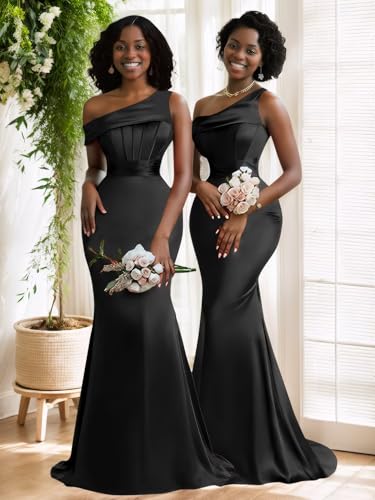 Mermaid One Shoulder Bridesmaid Dresses for Wedding Satin Pleated Long Corset Formal Evening Prom Dress4