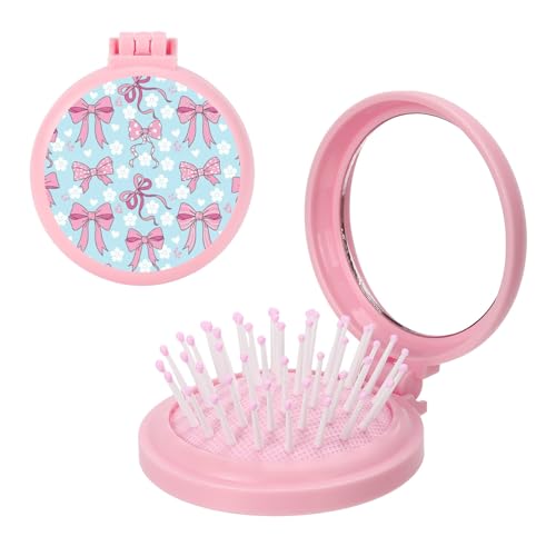 Light Blue Pink Bow Travel Hair Brush Round Wet Brush Through Tangles For Women Quick Touch Ups Compact Size Hairs Massage Comb Detangling Combs For Purse Or Backpack