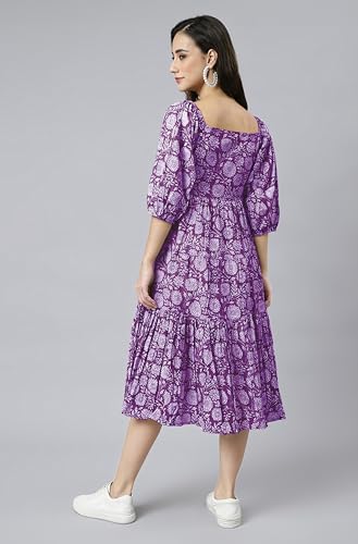 Image of Janasya Women's Cotton Floral Print Flared Dress