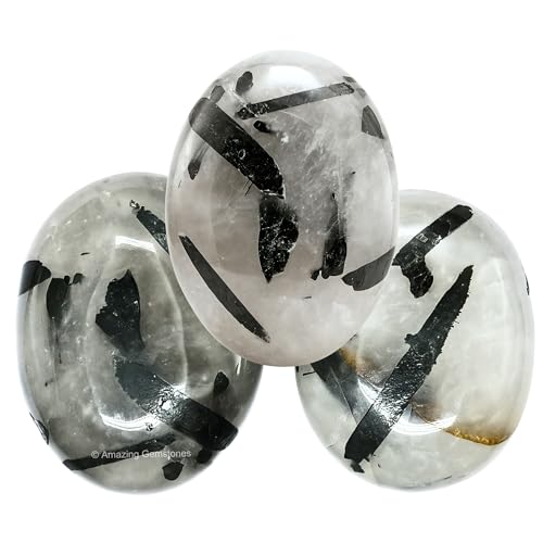 Image of Amazing Gemstone Black Rutilated Quartz Crystals and Healing Stones - Large Palm Stone Crystals Piedra - Crystal for Good Luck, Positive Energy, Meditation - Unique Stocking Stuffers Gifts for Women