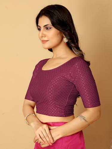 Image of Amazon Brand - Anarva Round Neck Dobby Cotton Lycra Stretchable Elbow Half Sleeve Readymade Saree Blouse for Women Stylish