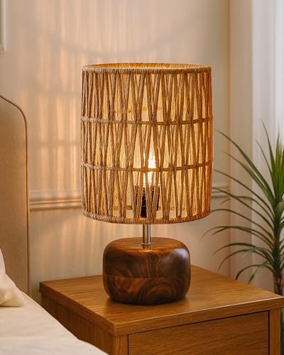 Image of Homesake Natural Weave Rope Table Lamp | Handcrafted Boho Bedside Light with Wooden Base | Warm Ambient for Night Lamp, Bedroom, Living Room, Study, Kids Room, Livra Home Decor, Ovolo (Beige, Cross)