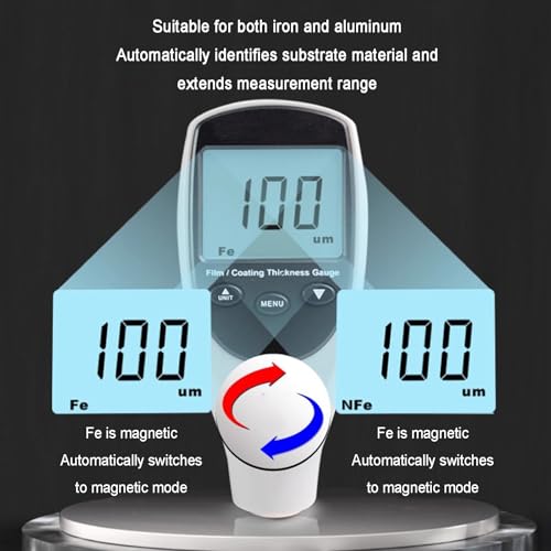 Medidor digital de grosor de recubrimiento, medidor Fe/NFe para medir profundidad de pintura, reconocimiento automático de material, rango 0-1700μm, para medición no destructiva miniatura 2