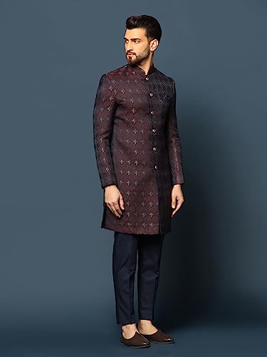 Image of Kisah Men's Silk Blend Textured Sherwani Set Regular Fit | Wedding, Festive & Occasion Wear