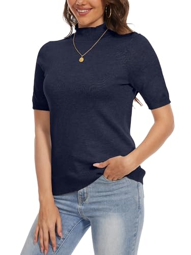 Women's Short Sleeve Sweater Dressy Shirt Mock Neck Turtleneck Pullover Tops Knit Tee Navy Blue XL2