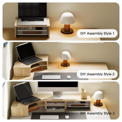 Image of Fenge 42.5Inch Corner Monitor Stand with Drawer, 3-Tier Monitor Riser with Slide-Out Tray