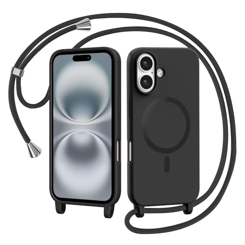 AOMYKE Handyband für iPhone 16 6.1 Zoll Hülle mit Band Magnetisch Handyhülle kompatibel mit Magsafe zum Umhängen Schutzhülle mit Kette Kordel Weich TPU Liquid Silikon CaseSchwarz