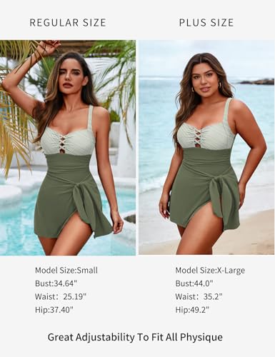 Image of Zilcremo Swim Dress for Women Tummy Control One Piece Swimsuit Wrap Swimdress Square Neck Skirted Bathing Suit Swimwear