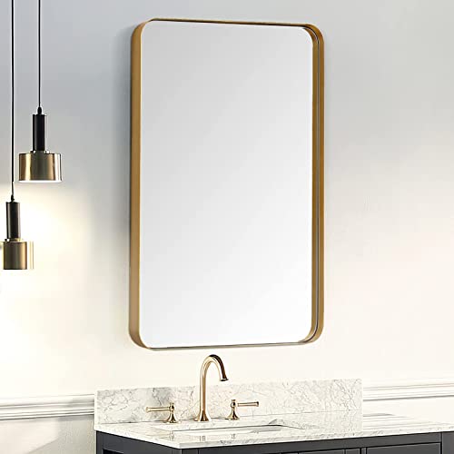 Gold Bathroom Mirror, 16X24 Inch Stainless Steel Frame Vanity Mirror, Rounded Corner Rectangle Modern Mirror, Vertical Or Horizontal Hanging Mirrors For Wall Decor, Bedroom, Living Room #TOP7