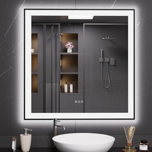 LOAAO 32"X32" LED Bathroom Mirror Black Framed, Anti-Fog, Dimmable, Lighted Bathroom Vanity Mirror for Wall, Memory Function, Tempered Glass