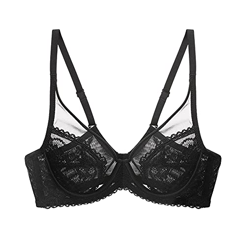 Soutien-gorge sexy push up sans armatures WENJUN : brassière dentelle transparente noire 80C