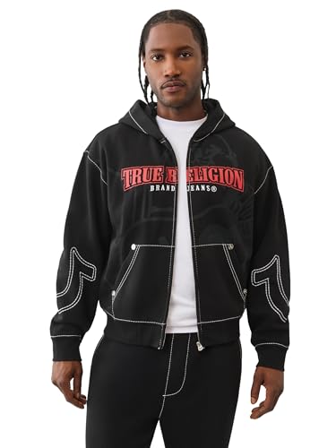 True Religion Men's Cinched Big T Zip UP Hoodie – Full Zip Sweatshirt with Contrast Stitching2