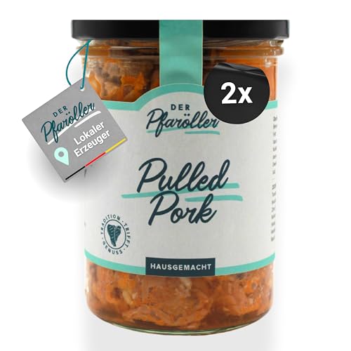 DER PFARÖLLER Pulled Pork 2 Gläser á 400g – Zartes, langsam gegartes Schweinefleisch in BBQ-Sauce – Perfekt für Burger, Sandwiches & schnelle Gerichte (1er Set)
